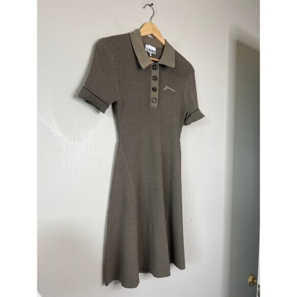 NEW Ganni Melange Collar Embroidered Short-Sleeve Knit Mini Dress Safari Size: M - Picture 3 of 8